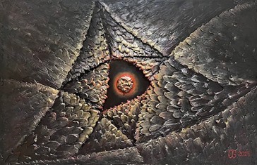 Fiery Moon 115×75, 2025, plaster and acrylic on canvas